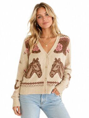Anthropologie NWT Haute Hippie Horse Western Fair Isle Cardigan Sweater Boho Med